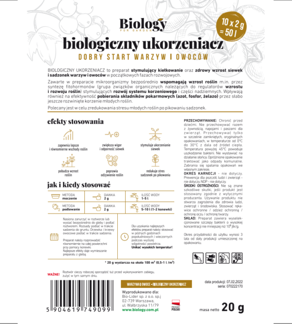 BIOLOGY FOR GARDEN WARZYWA I OWOCE - BIOLOGICZNY UKORZENIACZ 20g - obrazek 2