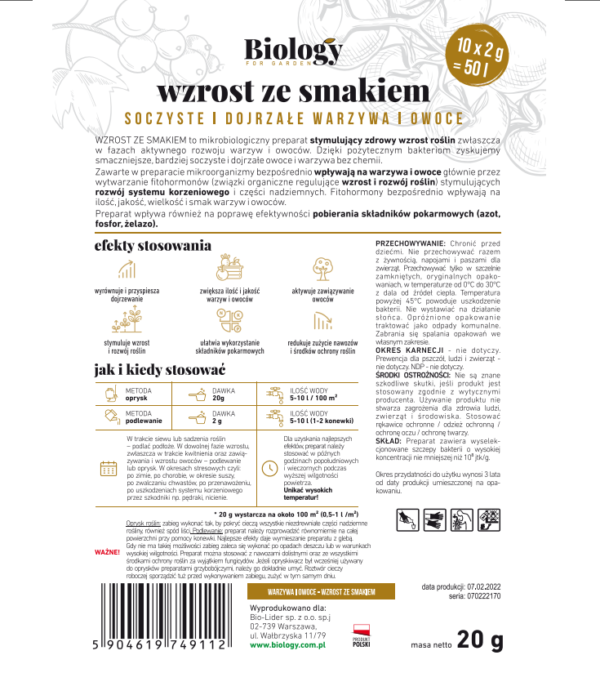 BIOLOGY FOR GARDEN WARZYWA I OWOCE - WZROST ZE SMAKIEM 20g - obrazek 2